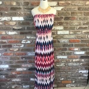 THREE PINK HEARTS Strapless Pocket Chevron Print Maxi Dress L NEW